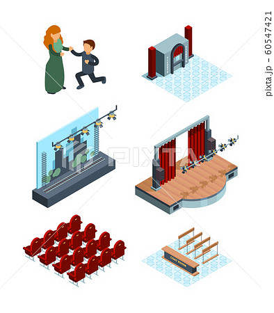 Theater stage decoration. Isometric interior of opera or ballet hall theater seats actors red curtains vector pictures Theater stage decoration. Isometric interior of opera or ballet hall theater seats actors red curtains vector pictures 60547421