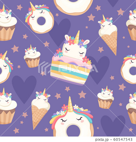 Unicorn pattern. Dessert decoration magic pony with cupcakes donut sweets vector celebration seamless background 60547543