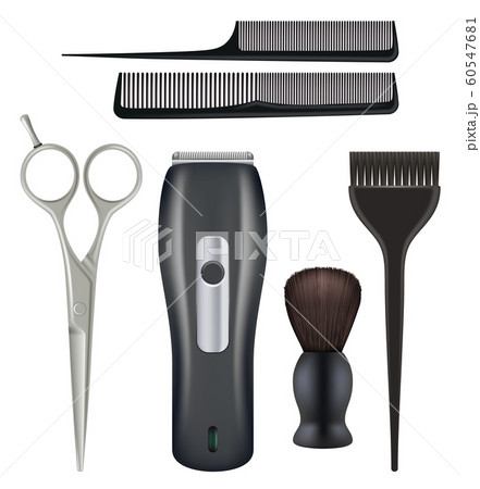 Barbershop realistic. Barber tools hairdresser beauty fashion salon tools comb scissors blade vector illustrations 60547681