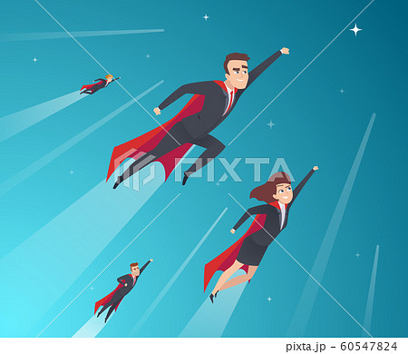 Business concept characters. Professional team working powerful superheroes in action poses vector corporate background 60547824