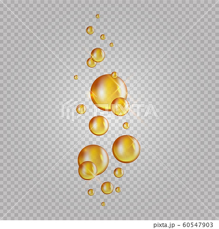 Gold oil bubbles. Vector blink collagen capsules. Cosmetics oil drops isolated on transparent background 60547903