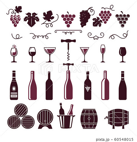 Wine symbols. Grape leaves vine tendrils bottles barrels corkscrew vector stylized pictures for labels or logo design Wine symbols. Grape leaves vine tendrils bottles barrels corkscrew vector stylized pictures for labels or logo design 60548015