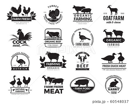 Farm animals. Business logo with domestic animals cow chicken goat healthy food symbols vector farm collection 60548037