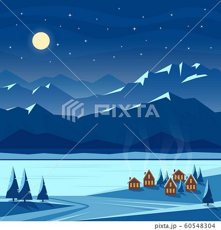 Winter night snow landscape with moon, mountains, cozy houses. Christmas and new year welcoming. Flat vector illustration. 60548304