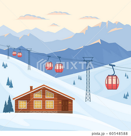 Ski resort with red ski gondola, house, chalet, winter mountain landscape, snowy peaks and slopes. Vector flat illustration. 60548588