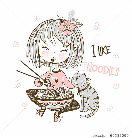 Cute little girl eating chopsticks noodles. Vector Cute little girl eating chopsticks noodles. Vector 60552096