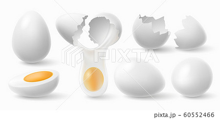Chicken eggs. White easter egg, cracked eggshell and boiled egg 3d realistic vector illustration set Chicken eggs. White easter egg, cracked eggshell and boiled egg 3d realistic vector illustration set 60552466