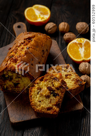 Homemade dry fruit cake and cup of coffee.  60552999