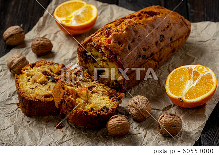 Homemade dry fruit cake and cup of coffee.  60553000