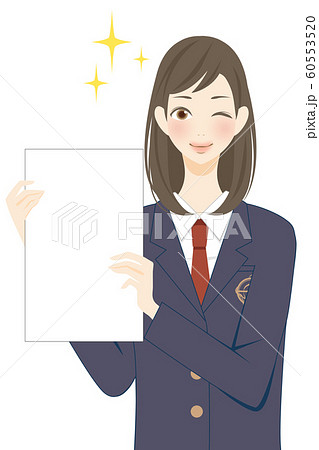 学校 フリースペース 書類を見せる女子 結果発表 笑顔のイラストのイラスト素材