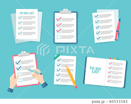 Business checklist. Priority list checks, check mark list and checking paper to do checklists flat vector illustration set 60553583