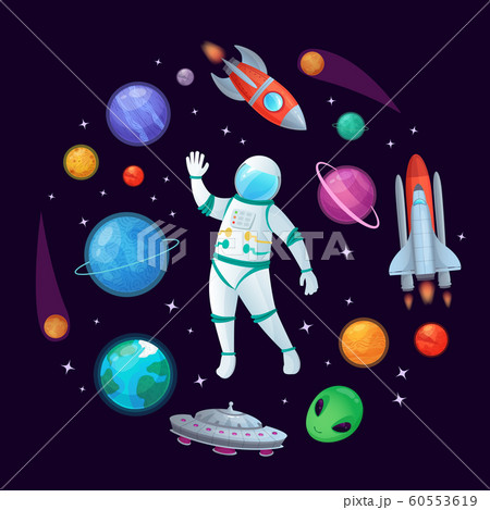 Cartoon astronaut in space. Spaceman rocket, stary ufo spaceship and planets vector illustration 60553619