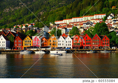 Outdoor view of historical buildings in Bryggen- Hanseatic wharf in Bergen, Norway. UNESCO World Heritage Site 60555084