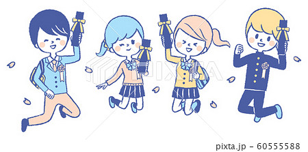 学生 高校生 中学生 卒業証書 ジャンプ イラストセットのイラスト素材