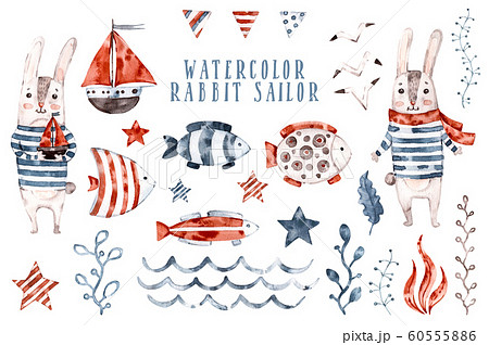 Watercolor rabbit nursery sailor, cartoon seaman animal set. Hand painted Cute childish character collection, aquarelle illustration 60555886