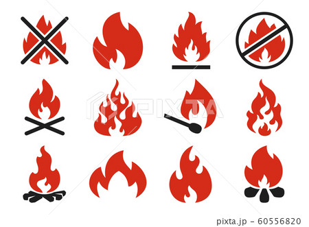 Burn fire icon. Burning flame fireball silhouette or danger bonfire. Flaming explosion flat illustration set 60556820