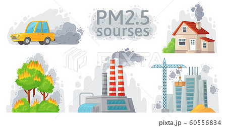Air pollution source. PM 2.5 dust, dirty environment and polluted air sources infographic vector illustration Air pollution source. PM 2.5 dust, dirty environment and polluted air sources infographic vector illustration 60556834