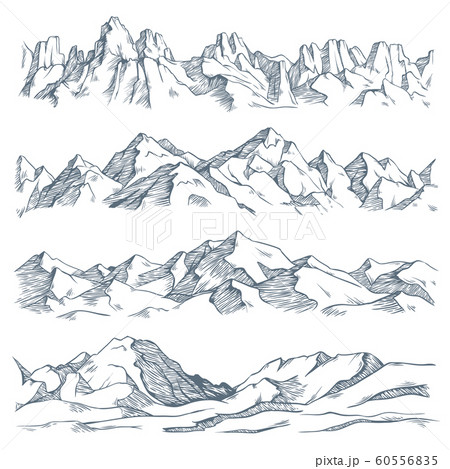 Mountains landscape engraving. Vintage hand drawn sketch of hiking or climbing on mountain. Nature highlands vector illustration Mountains landscape engraving. Vintage hand drawn sketch of hiking or climbing on mountain. Nature highlands vector illustration 60556835