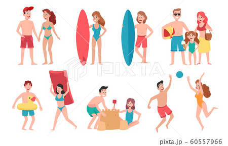 Beach people. Family holiday vacation, sunbathing on beach and happy friends summer fun cartoon vector illustration Beach people. Family holiday vacation, sunbathing on beach and happy friends summer fun cartoon vector illustration 60557966