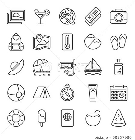 Summer line icons. Summers vacation, sunrise sun and sunglasses for camper. Beach relax umbrella icon vector illustration set 60557980
