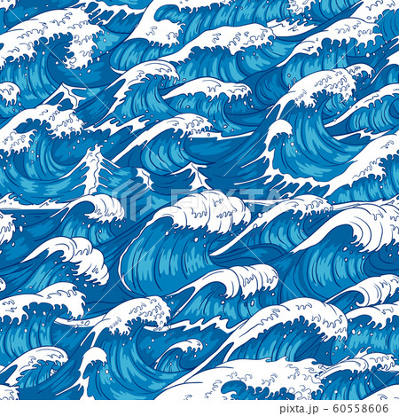 Storm waves seamless pattern. Raging ocean water, sea wave and vintage japanese storms print vector illustration background 60558606
