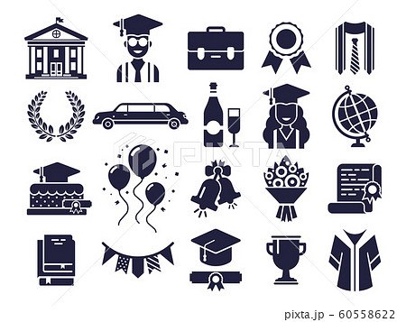 College silhouettes icons. Graduate day, student graduation cap and diploma pictogram silhouette icon vector set College silhouettes icons. Graduate day, student graduation cap and diploma pictogram silhouette icon vector set 60558622