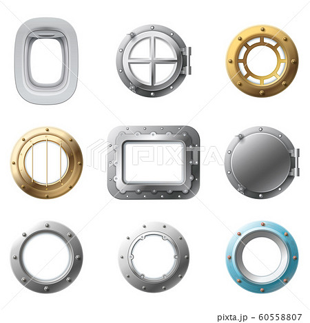 Realistic porthole. Airplane portholes, metal submarine cabin window and steel ship glass windows frame isolated 3d vector set 60558807