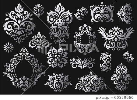 Vintage baroque ornament. Ornate floral sprigs pattern, luxury damask ornaments and victorian twill damasks patterns vector set Vintage baroque ornament. Ornate floral sprigs pattern, luxury damask ornaments and victorian twill damasks patterns vector set 60559660