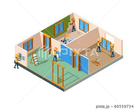 Home renovation. Stages rooms interior renovation paint wall flooring new construction builders working equipment vector isometric 60559734