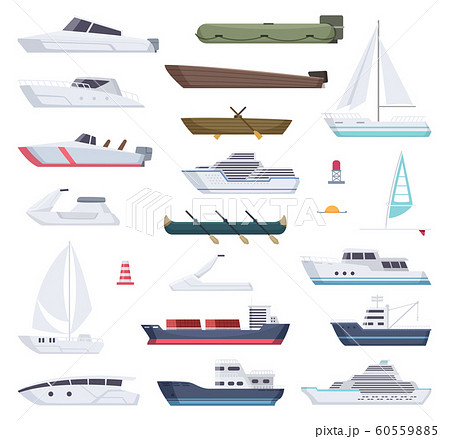 Boats. Water sea or ocean vessel small and big ships and sailor boats vector cartoon transport 60559885