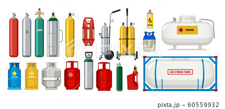 Gas tanks. Compressed oxygen propane dangerous cylinder tanks vector cartoon collection 60559932