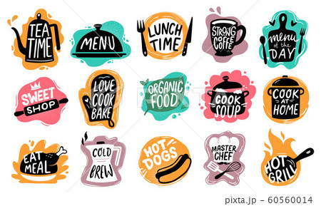 Food lettering. Bakery kitchen sweets, hot dogs badge and organic food logo vector set Food lettering. Bakery kitchen sweets, hot dogs badge and organic food logo vector set 60560014