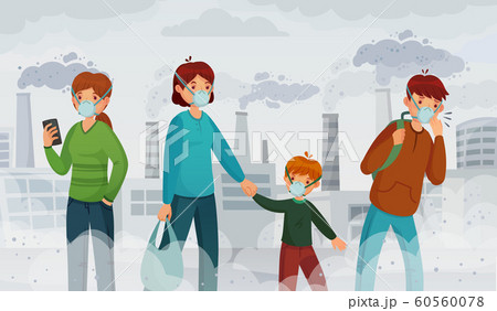 City air pollution. Smog pollutants, suffocation environment and passer in breathing masks vector illustration 60560078