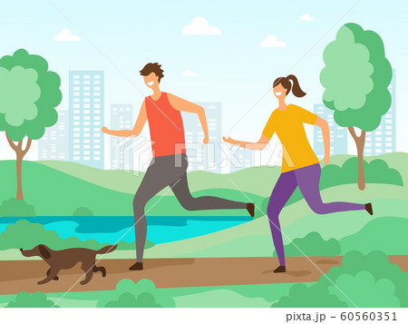 Sport activities background. Fitness people jogging or running outdoors vector flat characters 60560351
