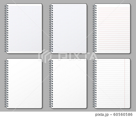 Notebook page. Lined and dotted pages, notebooks binded on metal spiral and padded sheet mockup template vector illustration set 60560586