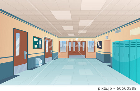 School corridor. Bright college interior of big hallway with doors classroom with desks without kids vector cartoon picture 60560588