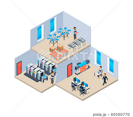Printing house. Production industry polygraphy print technology company vector interior of printing house 60560770