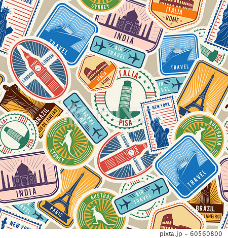 Travel pattern. Immigration stamps stickers with historical cultural objects travelling visa immigration vector textile seamless design 60560800