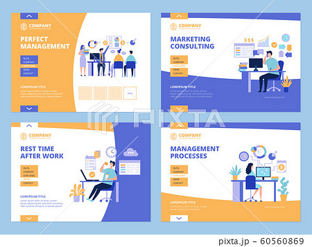 Business landing. Office work managing and planning process clock checklist for managers web pages layout vector template 60560869