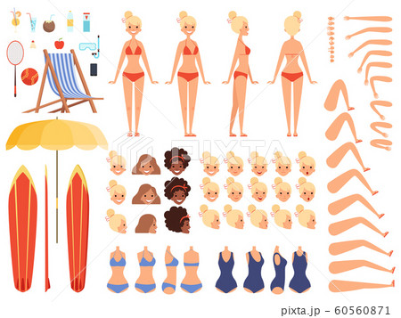 Summer characters. Faces female human body parts summer swimsuit tourists vacation chaise longue cocktail umbrella vector creation kit 60560871
