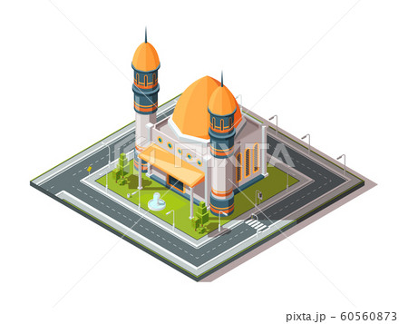 Mosque in city. Islamic muslim religion architectural object in urban landscape vector isometric 60560873