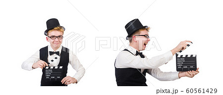 Funny man with movie clapper clapboard Funny man with movie clapper clapboard 60561429