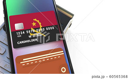 Payment terminal and flag of Angola on the virtual credit card in smartphone. National retail or mobile payment related 3D rendering 60565368