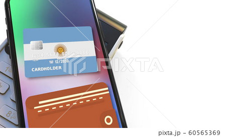 Payment terminal and flag of Argentina on the virtual credit card in smartphone. National retail or mobile payment related 3D rendering 60565369