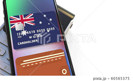 POS terminal and flag of Australia on the virtual credit card in smartphone. National retail or mobile payment related 3D rendering POS terminal and flag of Australia on the virtual credit card in smartphone. National retail or mobile payment related 3D rendering 60565375