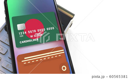 POS terminal and flag of Bangladesh on the virtual credit card in smartphone. National retail or mobile payment related 3D rendering 60565381