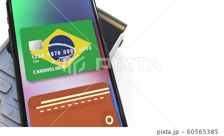 POS terminal and flag of Brazil on the virtual credit card in smartphone. National retail or mobile payment related 3D rendering 60565385
