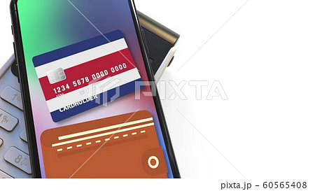 POS terminal and flag of Costa Rica on the virtual credit card in smartphone. National retail or mobile payment related 3D rendering POS terminal and flag of Costa Rica on the virtual credit card in smartphone. National retail or mobile payment related 3D rendering 60565408