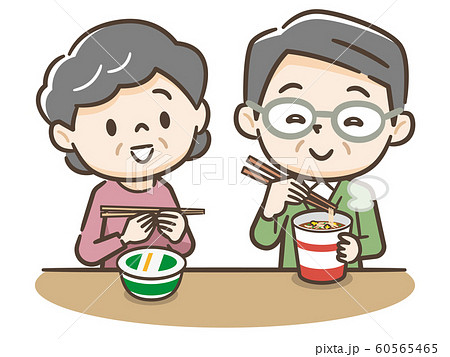 カップラーメンを食べる高齢者夫婦のイラスト素材