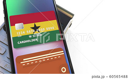 Payment terminal and flag of Ghana on the virtual credit card in smartphone. National retail or mobile payment related 3D rendering 60565488